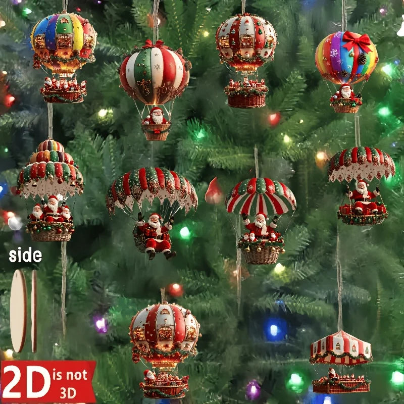 Christmas Wooden Ornaments - Hot Air Balloon Santa Set of 10