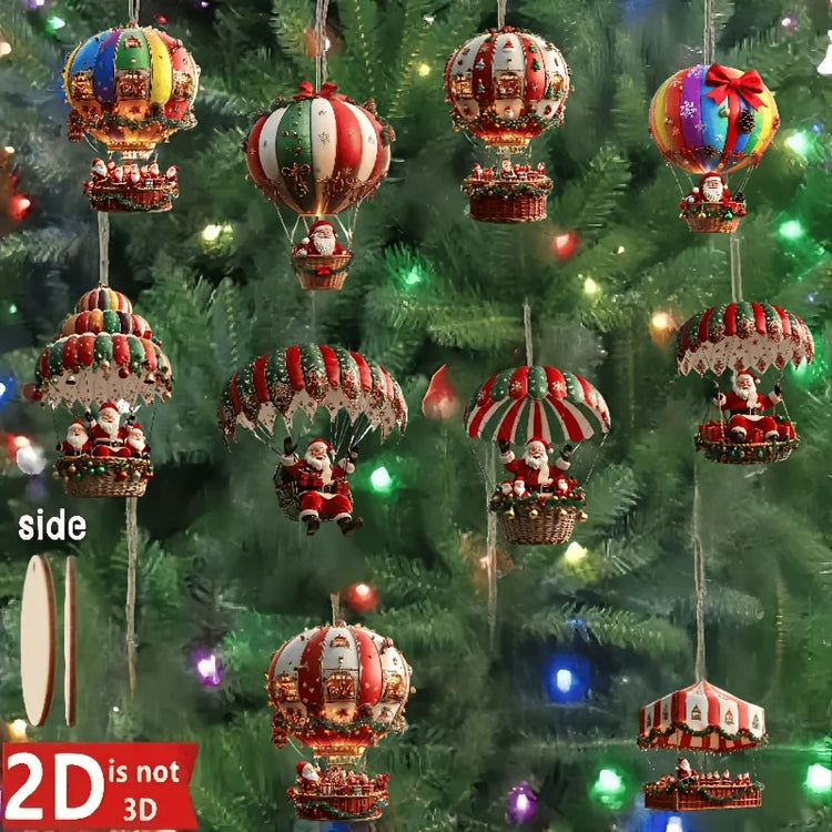 Christmas Wooden Ornaments - Hot Air Balloon Santa Set of 10