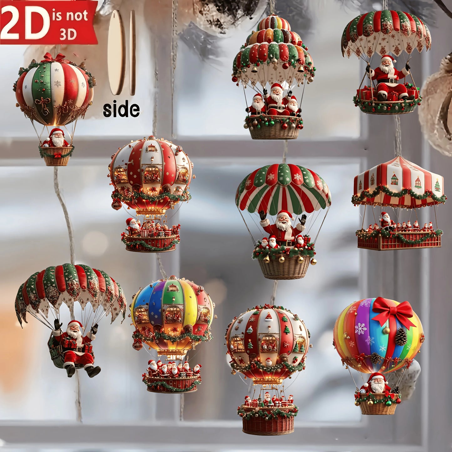 Christmas Wooden Ornaments - Set of 10 Hot Air Balloon Santa Decorations 2026