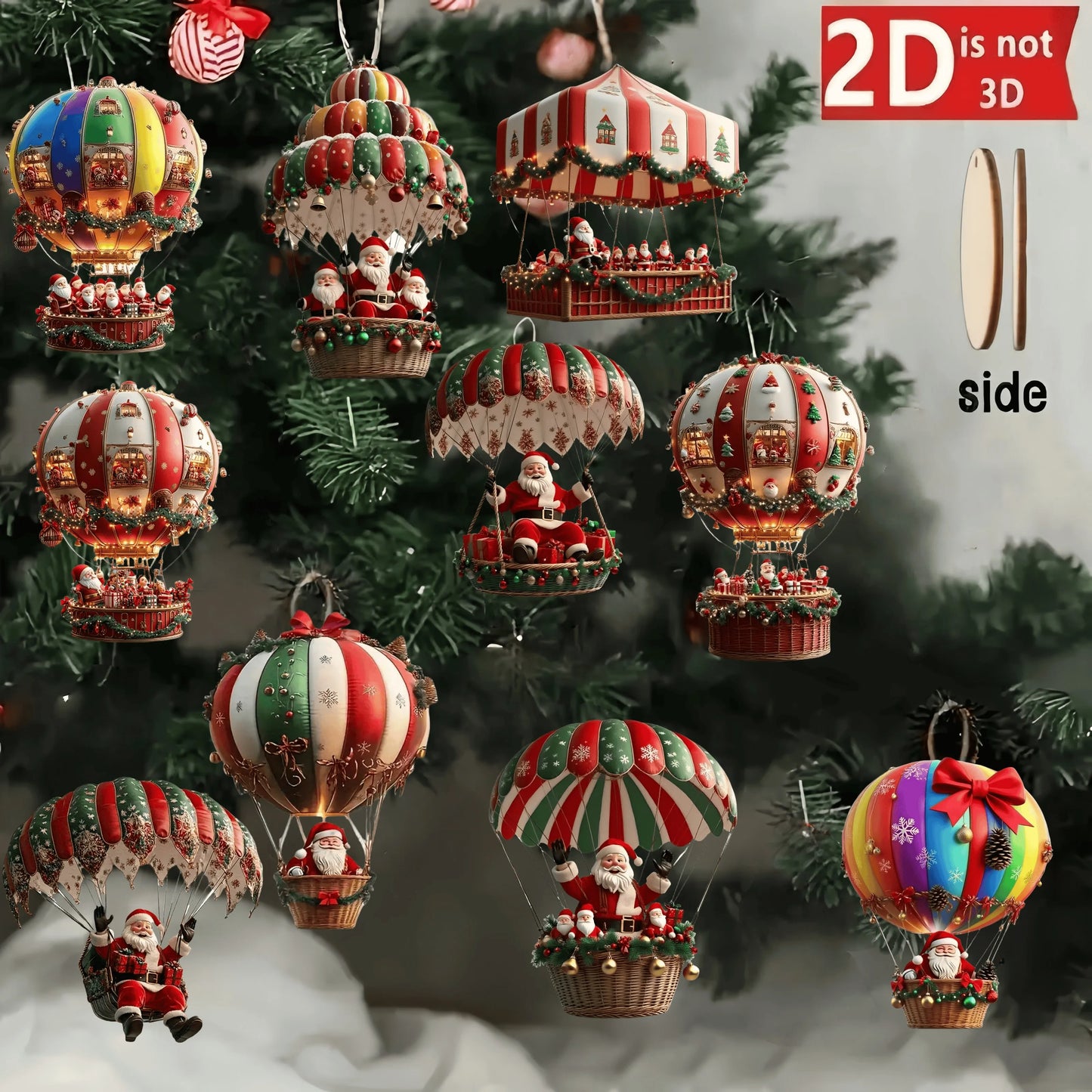 Christmas Wooden Ornaments - Set of 10 Hot Air Balloon Santa Decorations 2026