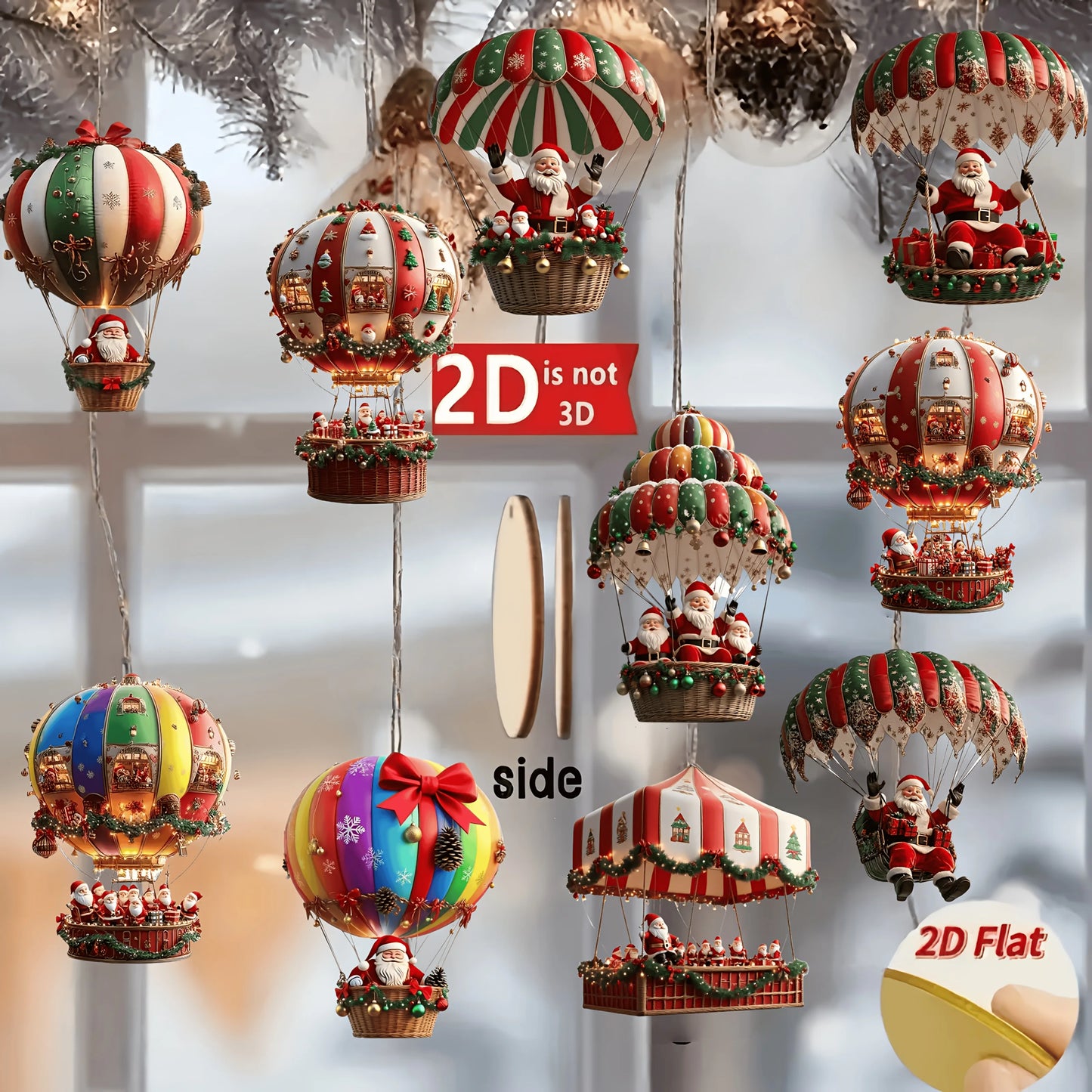 Christmas Wooden Ornaments - Set of 10 Hot Air Balloon Santa Decorations 2026