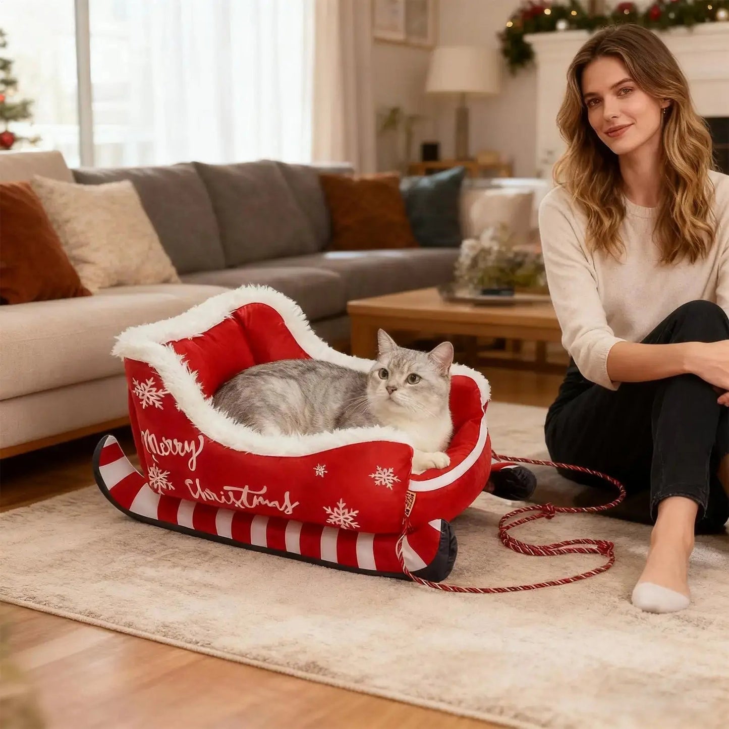 Catman Christmas Sleigh Cat Basket - Winter Pet Bed Washable - shop_name Catman Christmas Sleigh Cat Basket - Winter Pet Bed Washablenordicgift